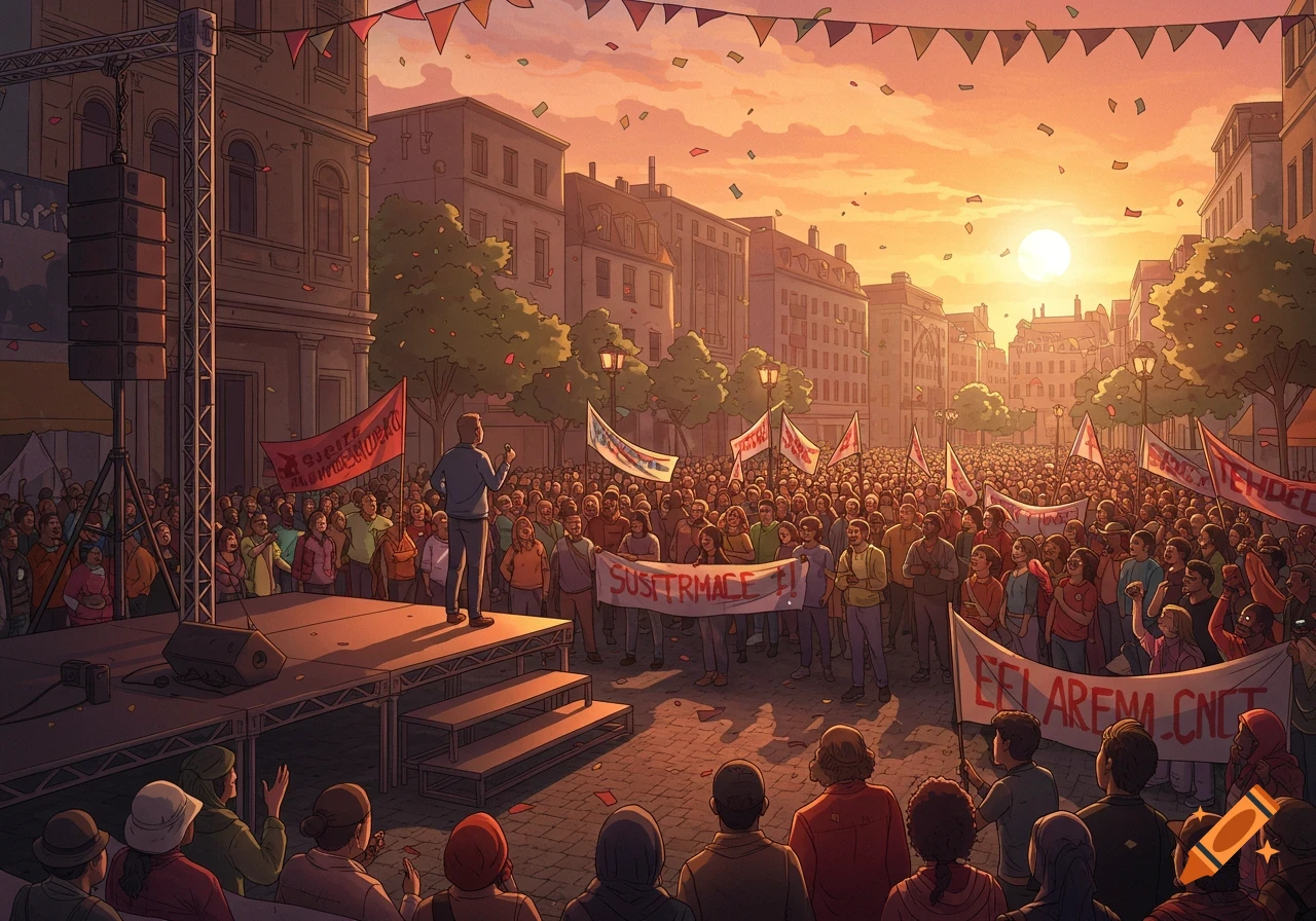 An illustration of a large crowd at a political rally on a city street at sunset, with a speaker on a stage and many banners.