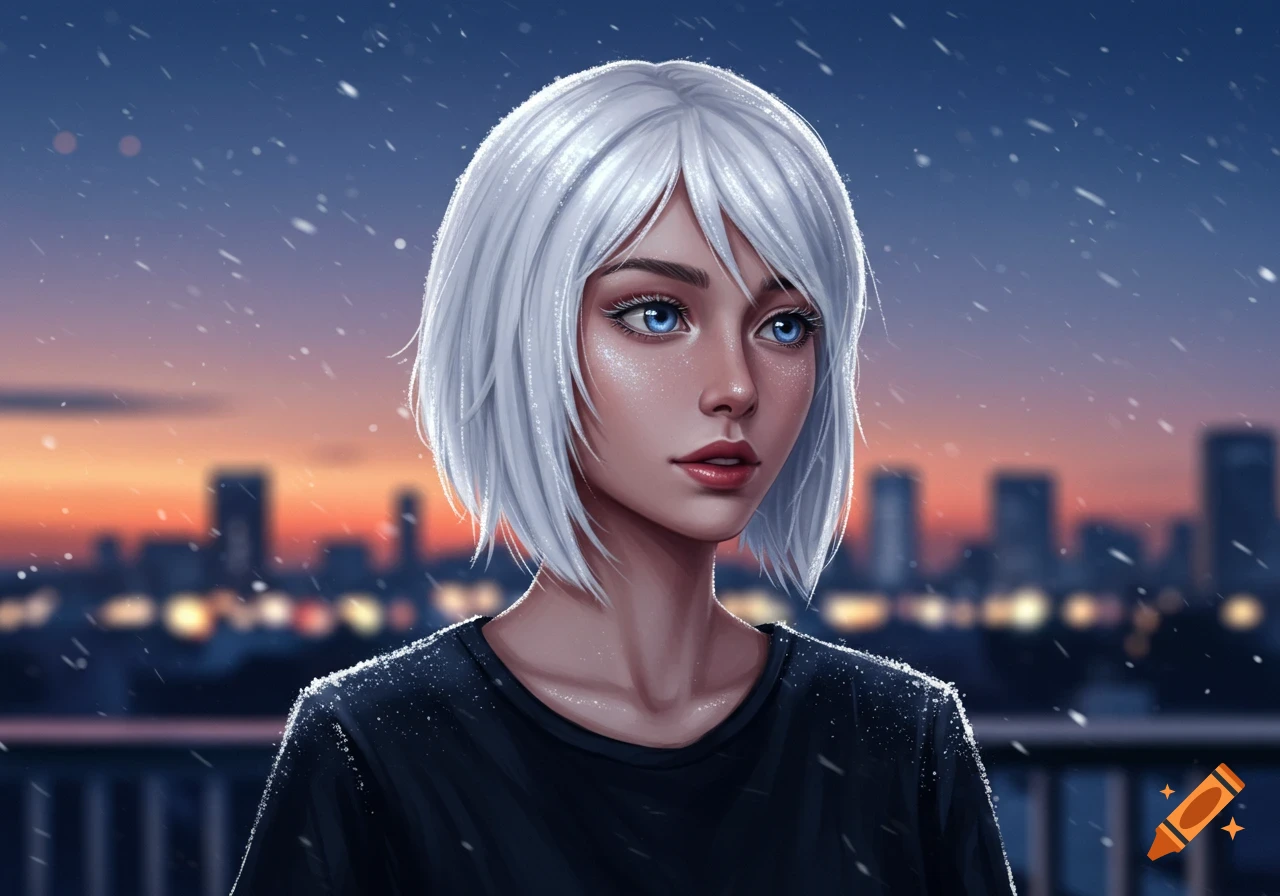 Digital painting of a young woman with short white hair and blue eyes on a snowy rooftop overlooking a city skyline at dusk.