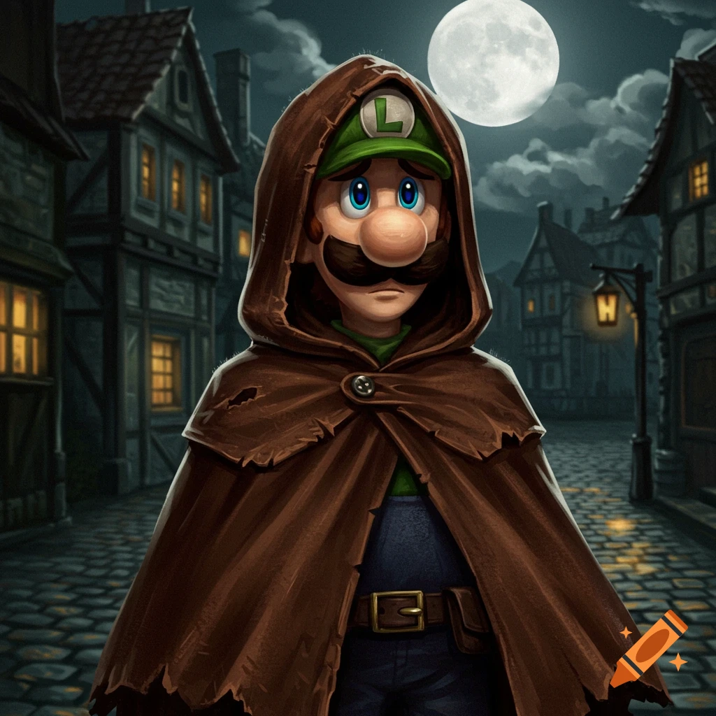 Luigi in a brown hooded cloak stands on a dark, cobbled street at night, with old buildings and a full moon.