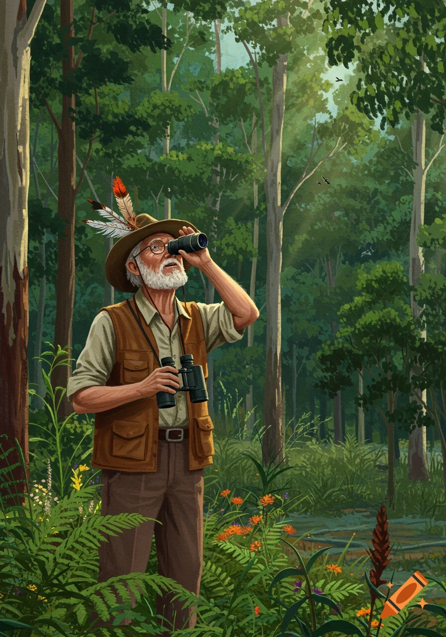An illustrated old man with a beard and feathered hat birdwatches in a lush forest, holding binoculars.