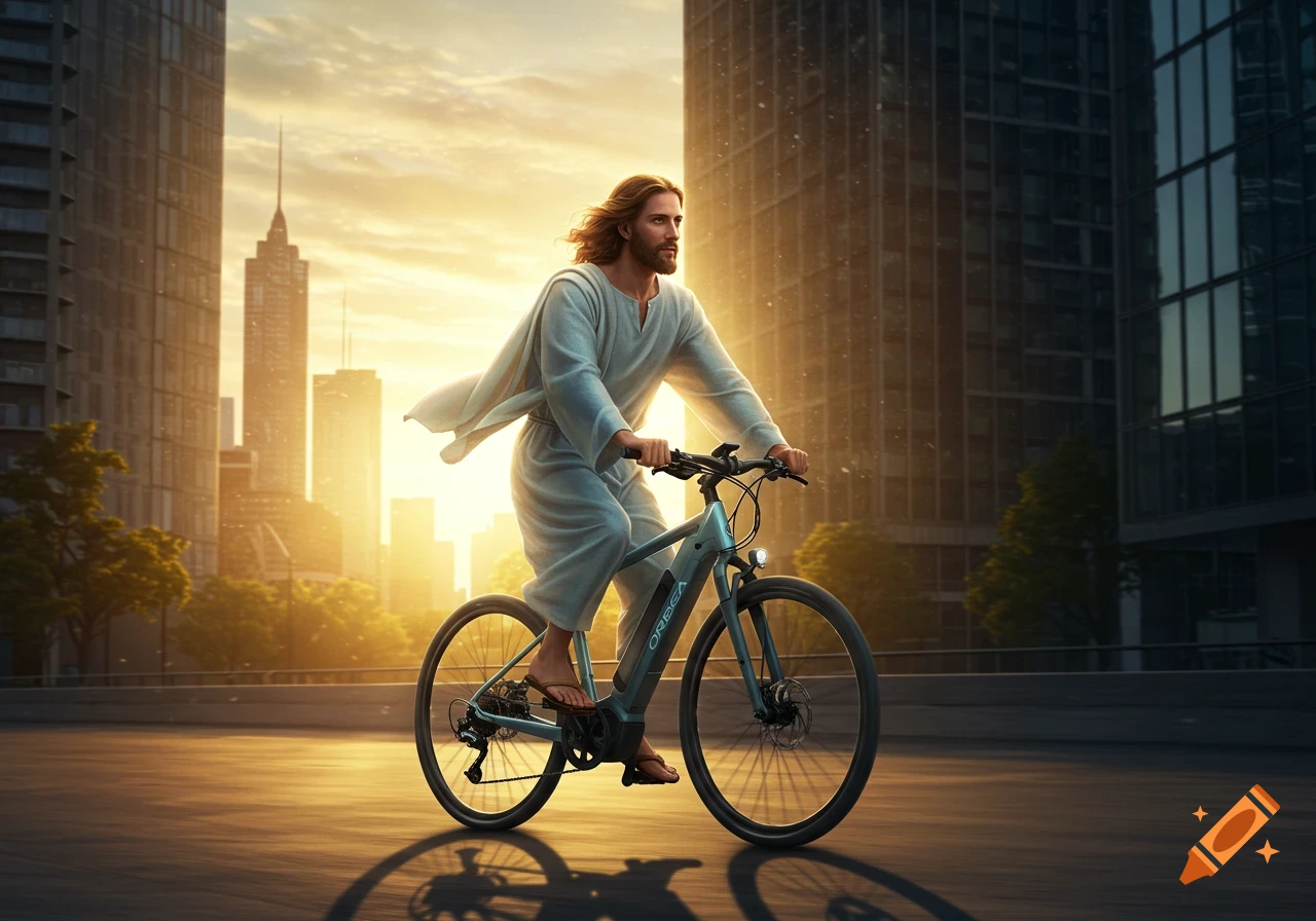 Jesus in a white robe rides a blue e-bike on a city street at sunset, with tall buildings in the background.