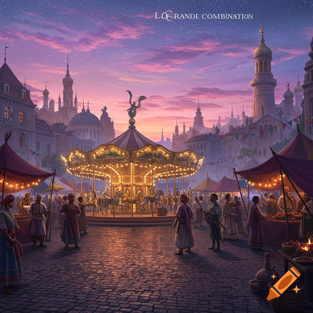 A vibrant fantasy market at night with a grand carousel, numerous people, and ornate buildings under a starry purple and pink sky.