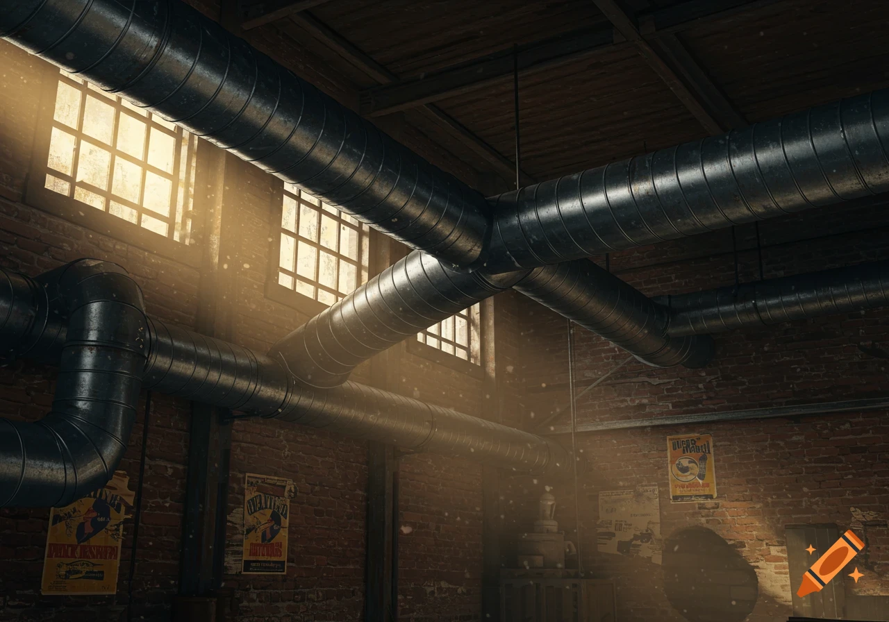 Large industrial pipes run through a brick-walled room with sunlit windows and old posters.