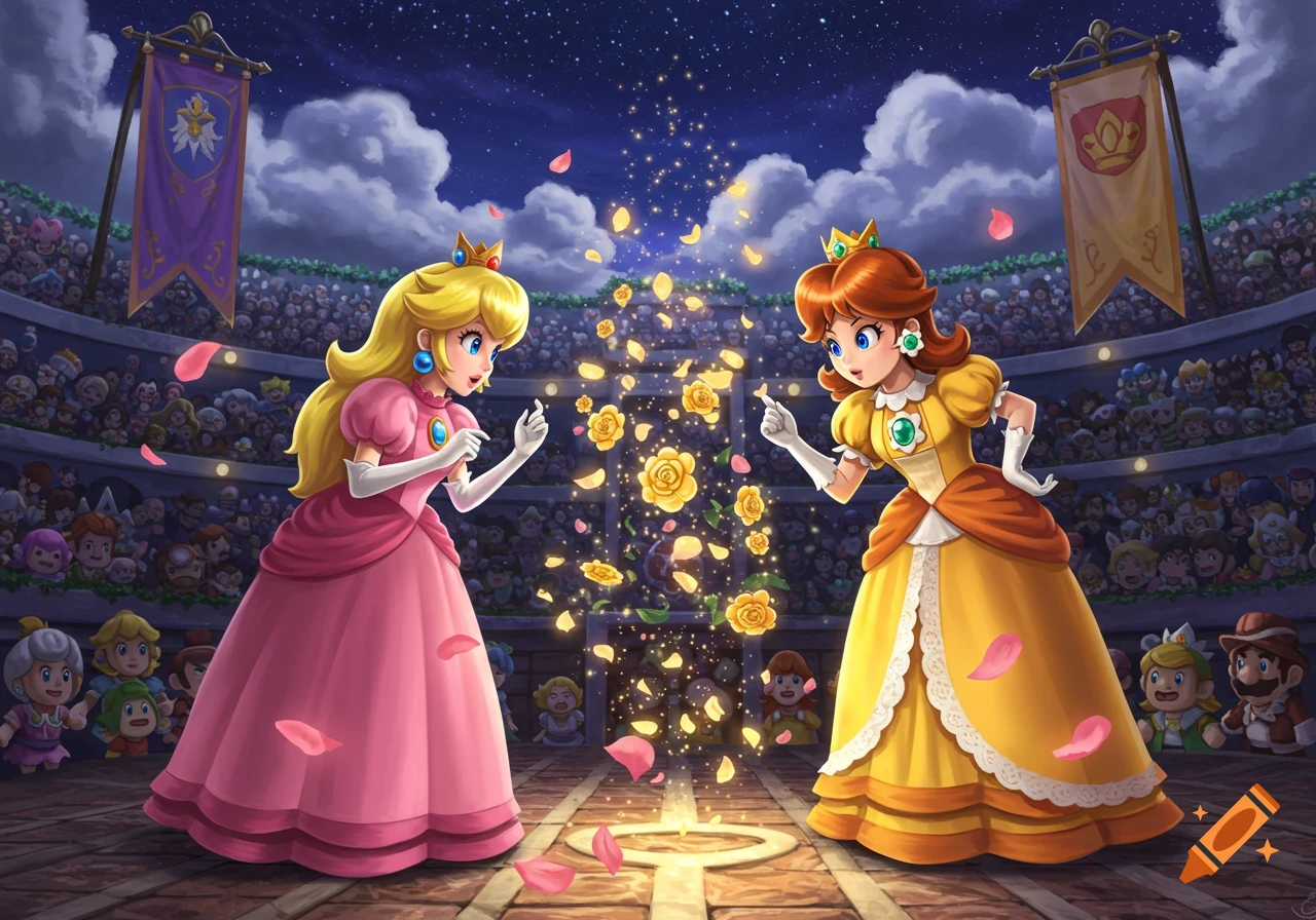 Princess Peach and Daisy in a stylized illustration, facing each other in a stadium with a crowd, golden roses and petals floating between them.