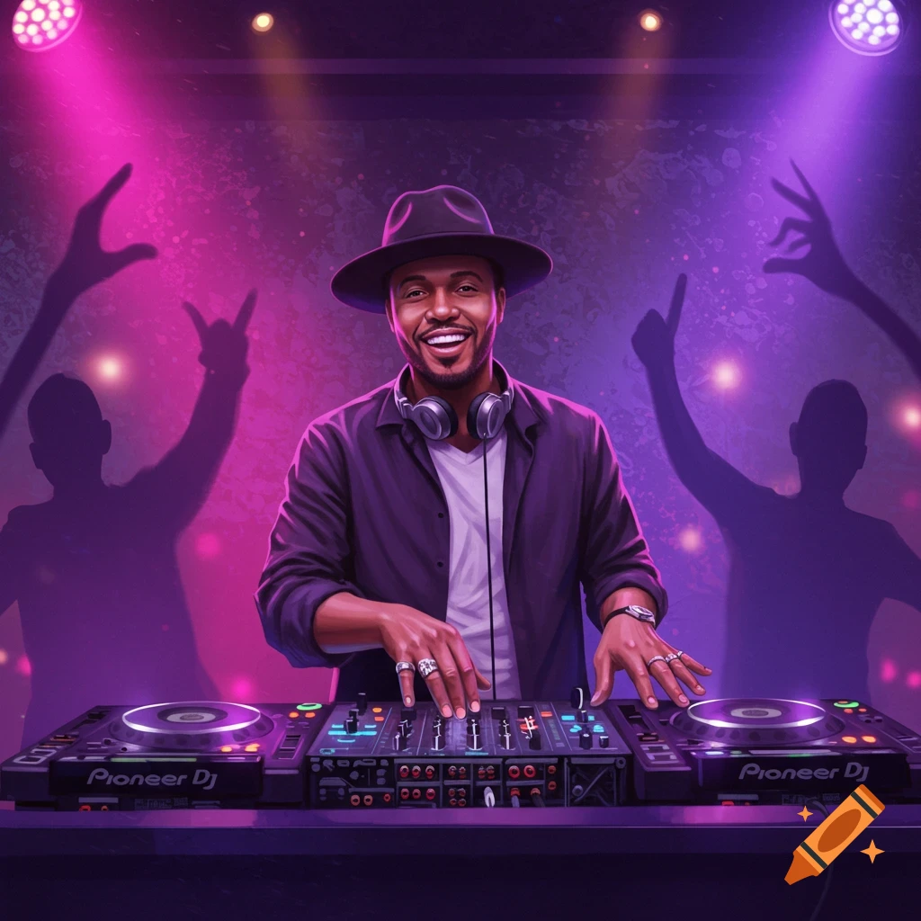 A cheerful DJ in a hat and headphones smiles behind a Pioneer DJ booth with purple and pink club lights and dancing shadows.