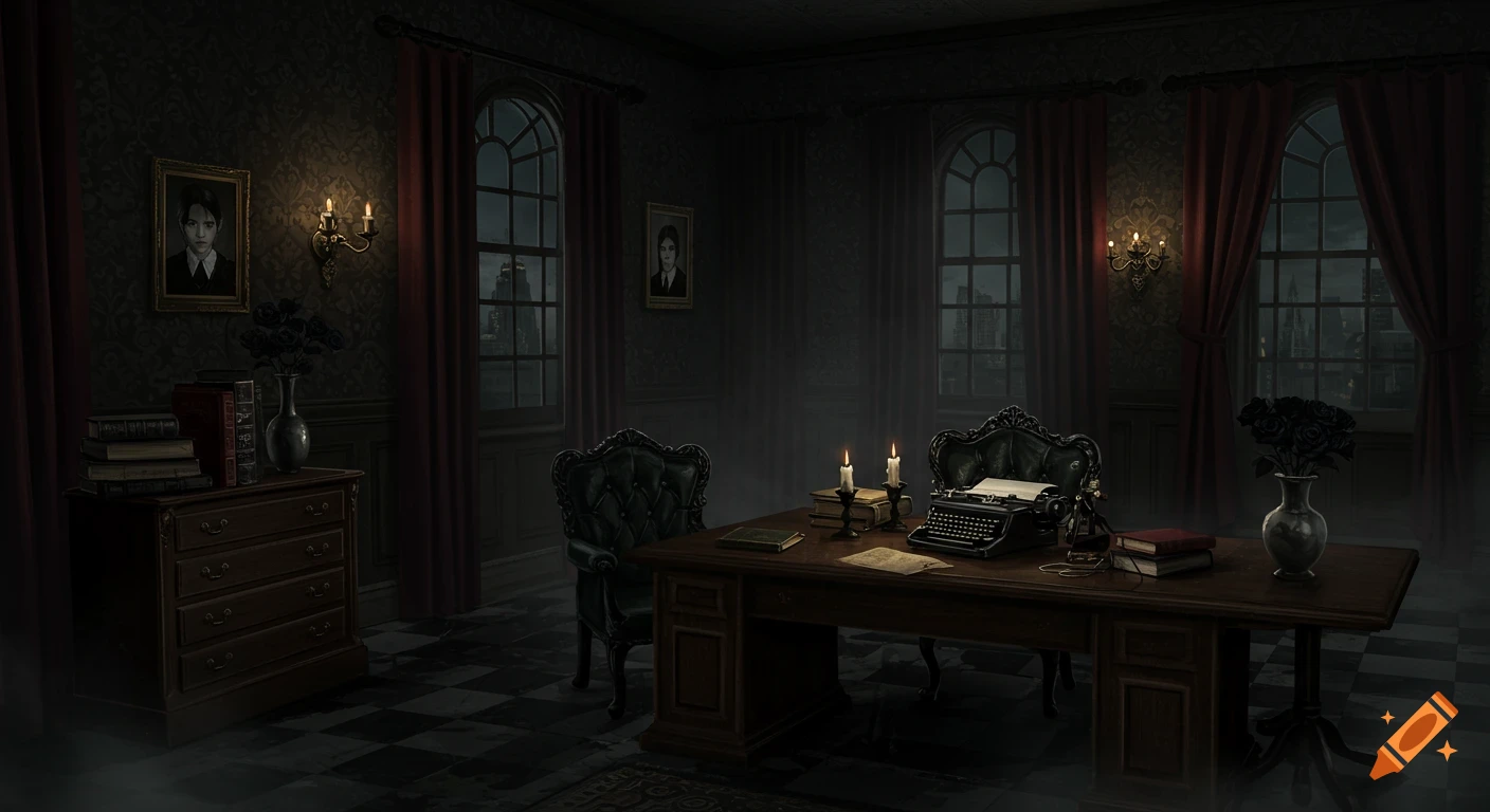 Dark gothic study with a vintage typewriter on a desk, books, black roses, and two portraits on wallpapered walls, seen through arched windows.