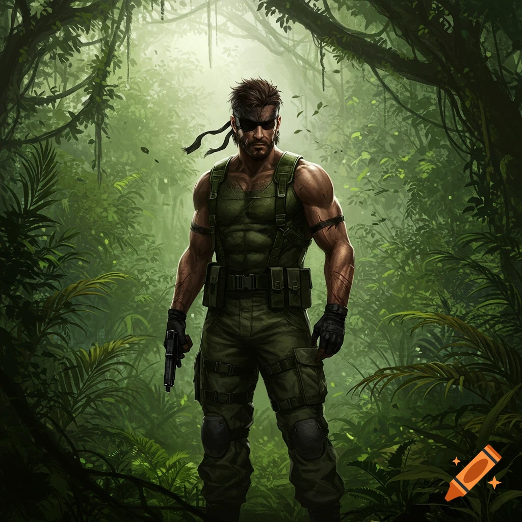 A muscular man with an eyepatch and bandana, dressed in green military fatigues, stands in a dense jungle, holding a handgun.