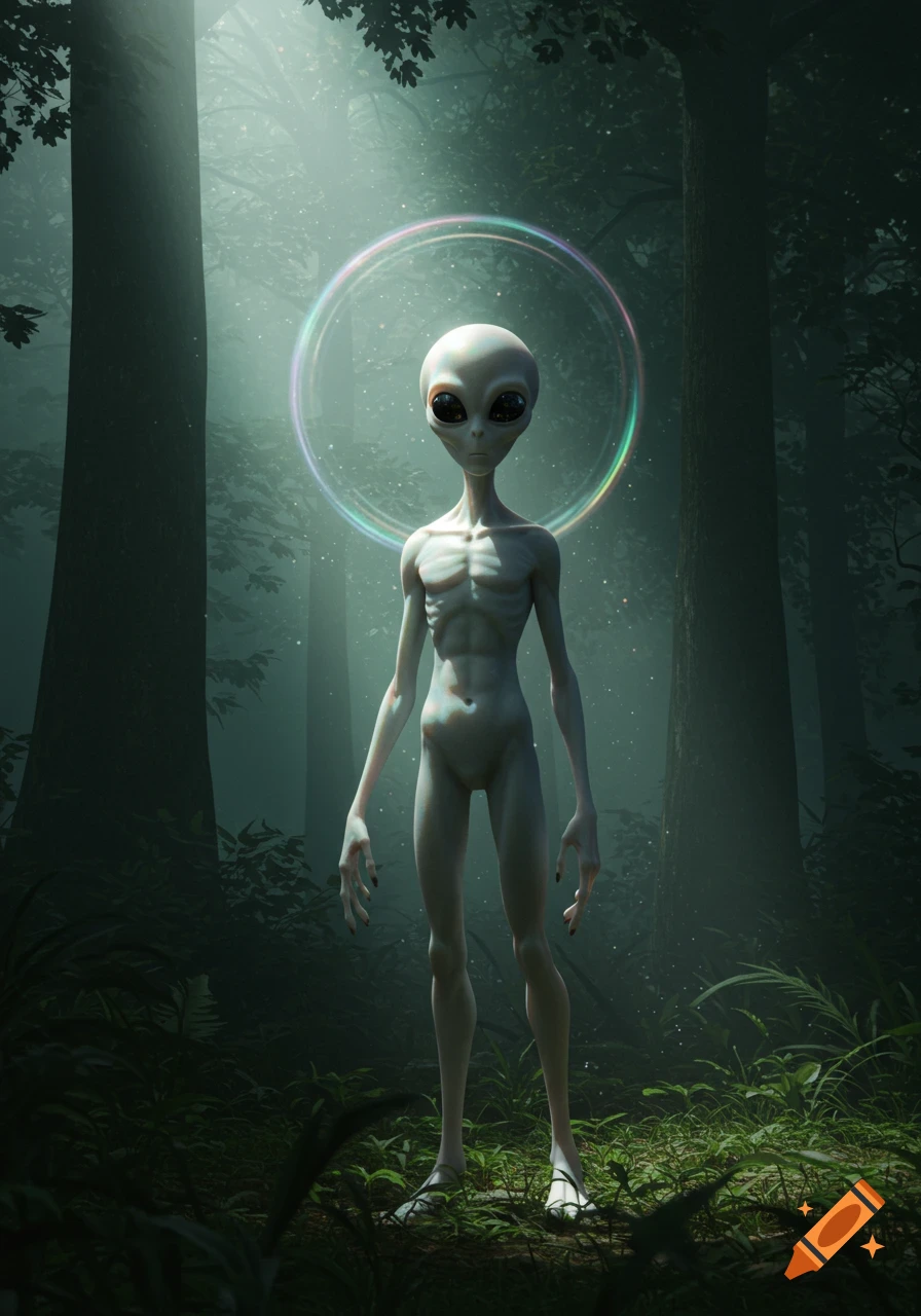 A gaunt grey alien with large dark eyes stands under a glowing halo in a misty, dark forest.