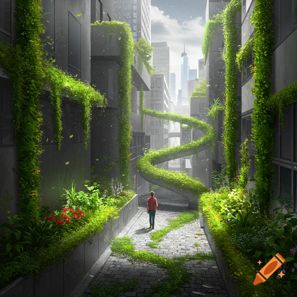 A person walks through an urban alley with gray buildings heavily overgrown by lush green vines and plants, under a bright sky.