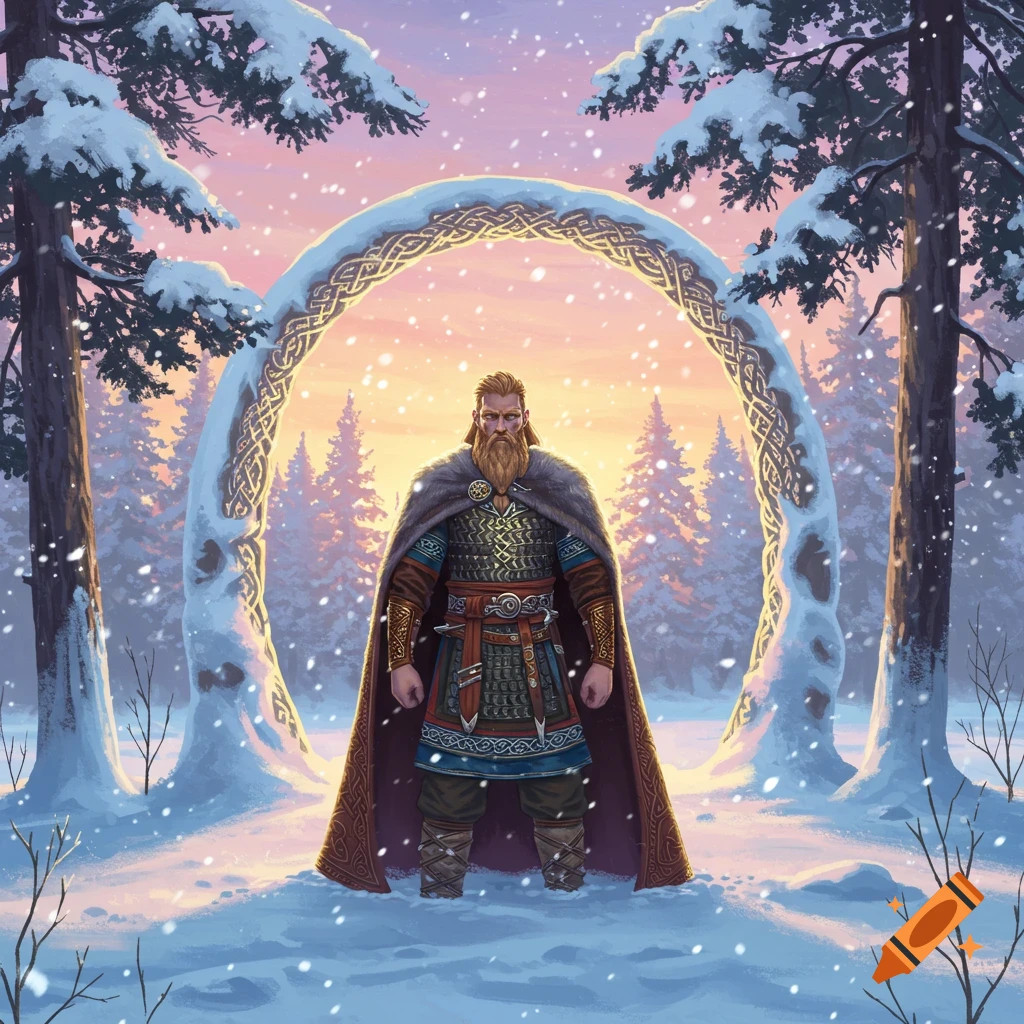 A bearded warrior in a fur-trimmed cape stands under a snow-covered archway with Celtic knots in a winter forest at sunset.
