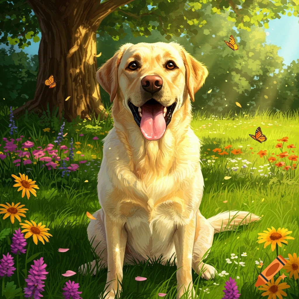 A happy golden Labrador dog sits in a vibrant, sunny meadow with colorful wildflowers, a tree, and butterflies, in an illustrative style.