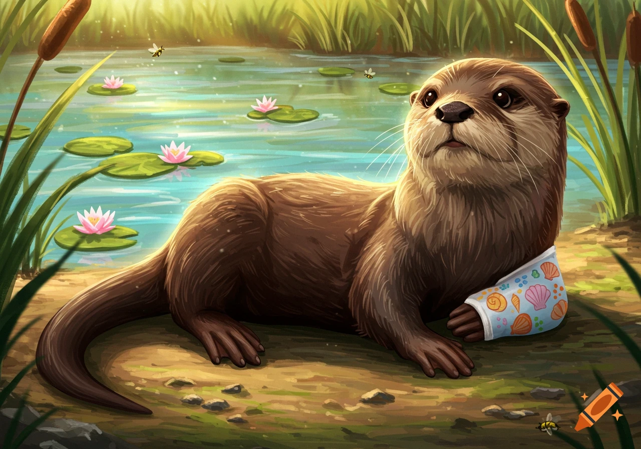 A cute brown otter with a seashell-patterned arm cast lies by a pond with lily pads and reeds, cartoon illustration.