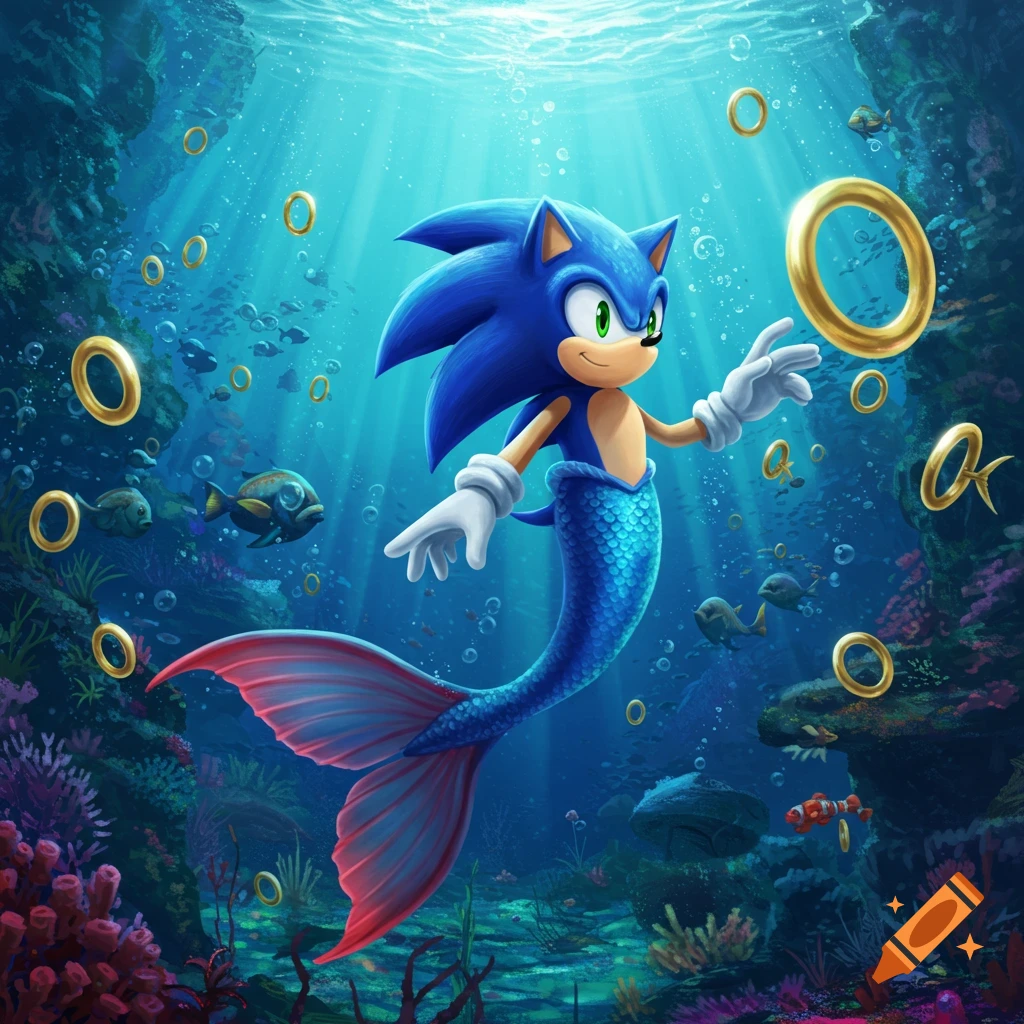 Sonic the Hedgehog as a blue mermaid with red fins, swimming underwater amidst gold rings and colorful coral.