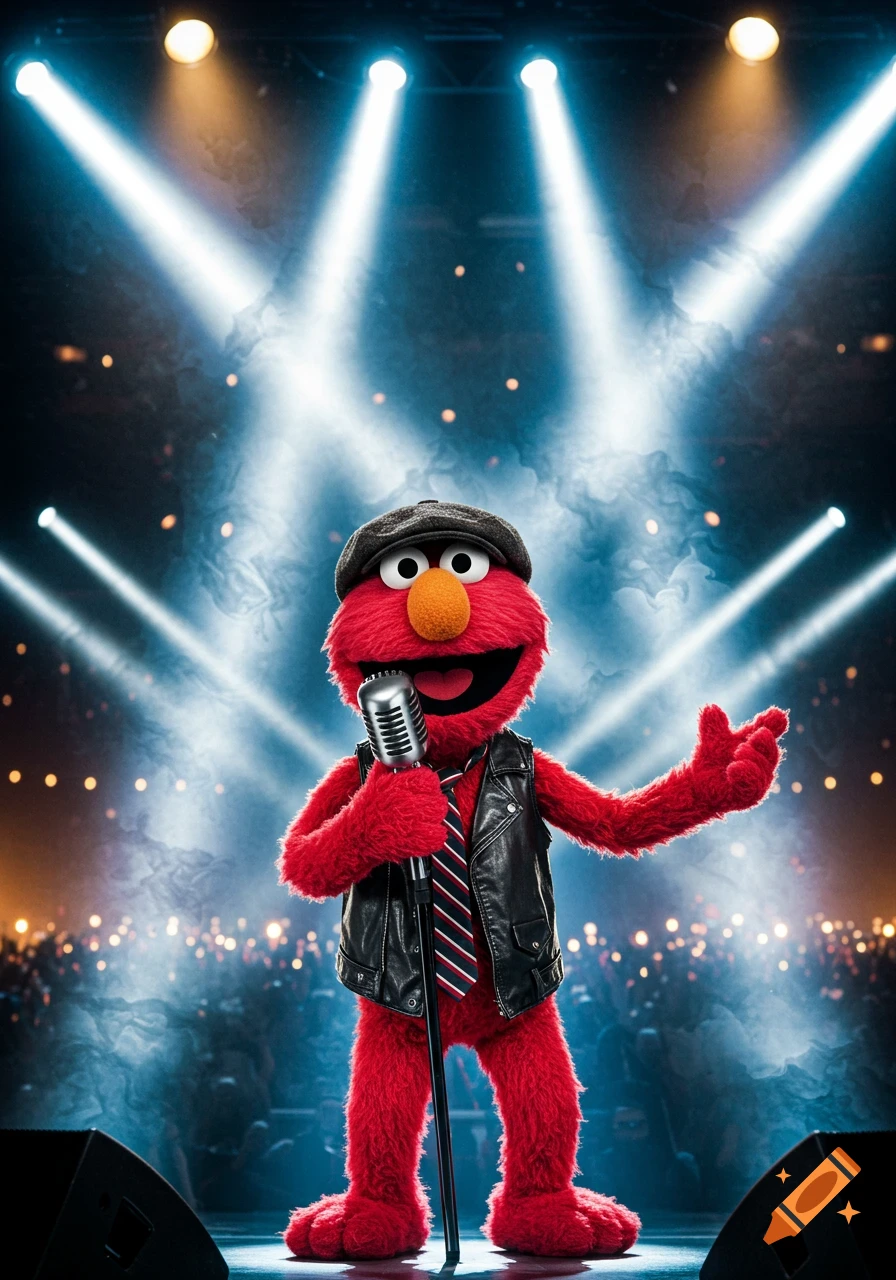 Elmo in a leather vest and flat cap sings into a vintage microphone on a stage, dramatically lit with blue and white spotlights, a blurry crowd in the background.