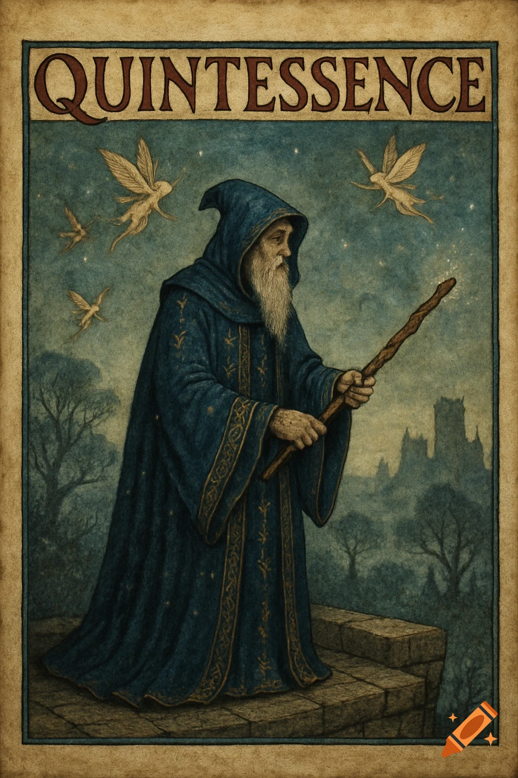A medieval-style illustration of a wizard in a blue robe holding a wand with pixies, in a foggy landscape. Title 'QUINTESSENCE'.