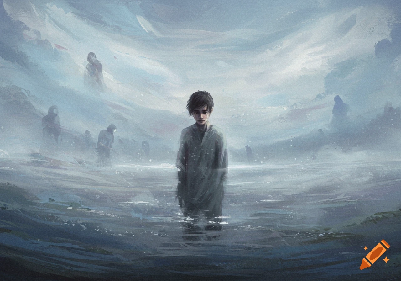 Impressionistic painting of a crying child-like figure standing in misty water with ghostly figures in the background.