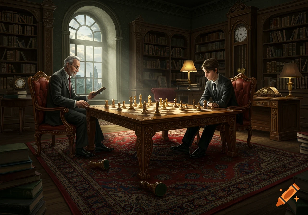 Two men in suits playing chess at a wooden table in a grand library with bookshelves and a large window. Photorealistic.