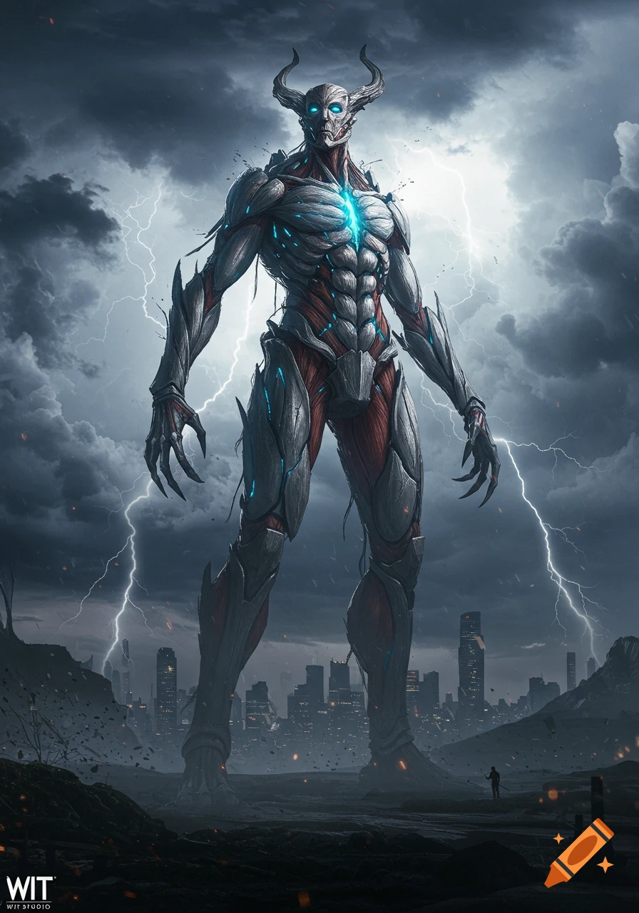 A giant horned skeletal titan with glowing blue eyes and chest stands amidst a ruined city under a stormy, lightning-filled sky.
