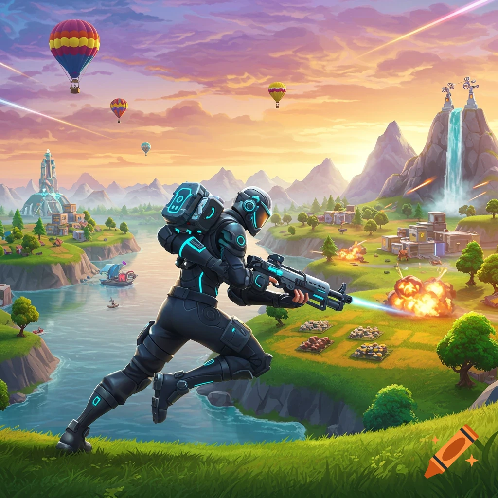 A futuristic soldier fires a weapon in a colorful, stylized video game landscape with hot air balloons, mountains, and explosions at sunset.