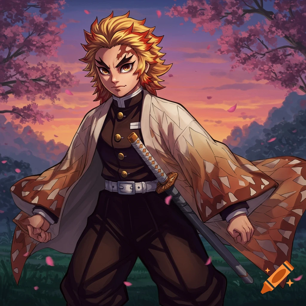 Anime character with spiky blonde hair in a patterned kimono and uniform stands among cherry blossoms at sunset.