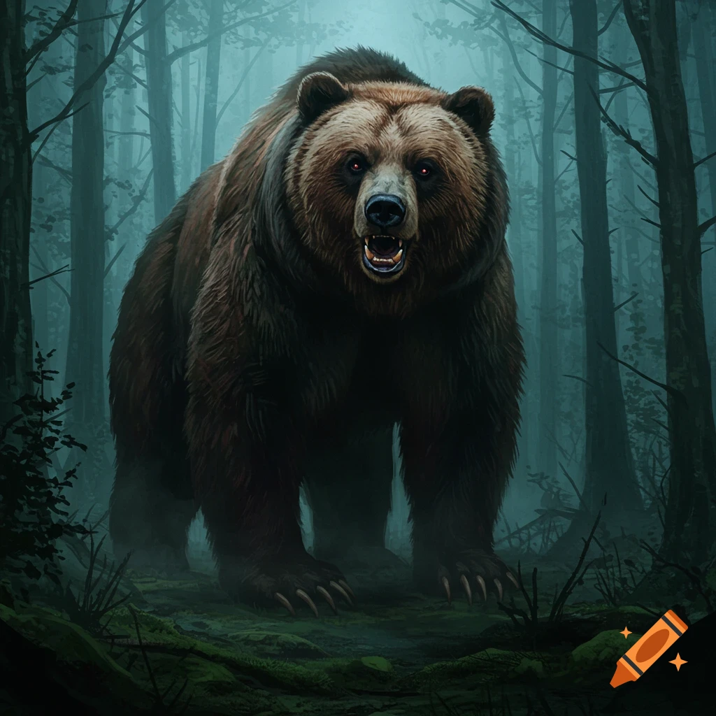 A large, menacing brown bear with glowing red eyes stands in a dark, misty forest, illuminated from above.