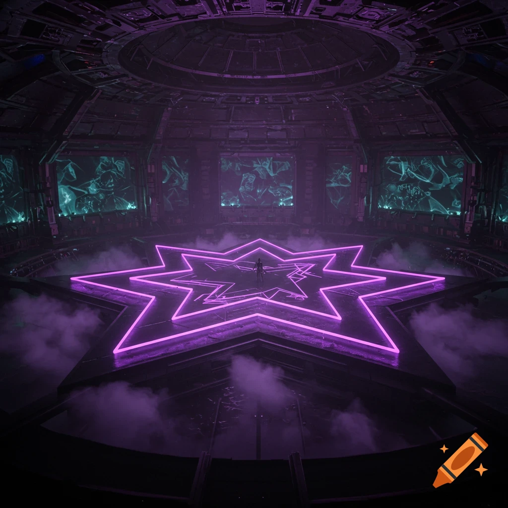 A dark, futuristic sci-fi chamber with a glowing purple eight-pointed star stage emitting smoke, surrounded by screens.