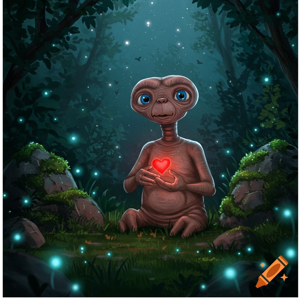 An illustration of E.T. holding a glowing red heart in a dark, magical forest with fireflies.
