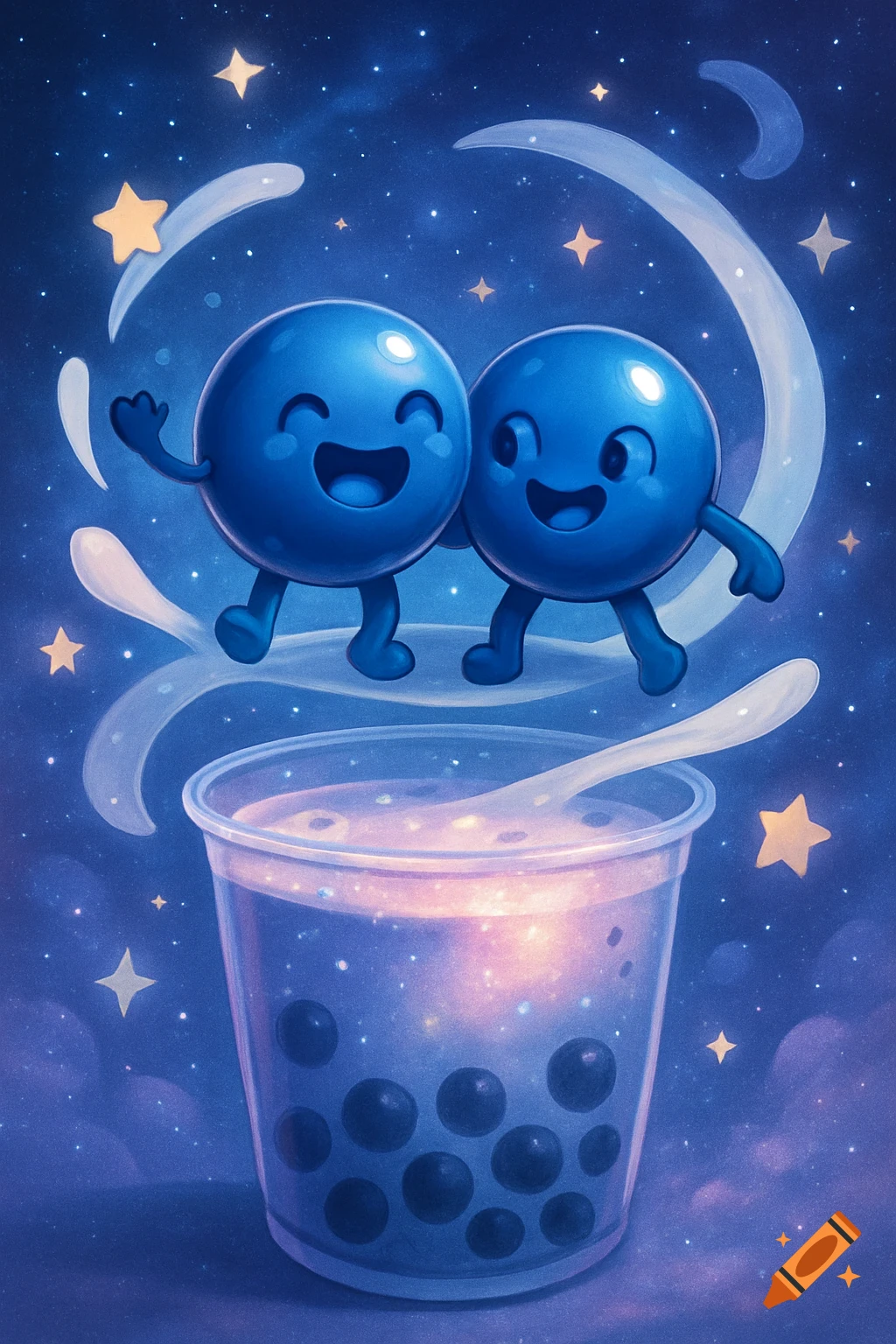 Two happy, round blue characters float above a glowing boba drink in a whimsical, starry night sky illustration.