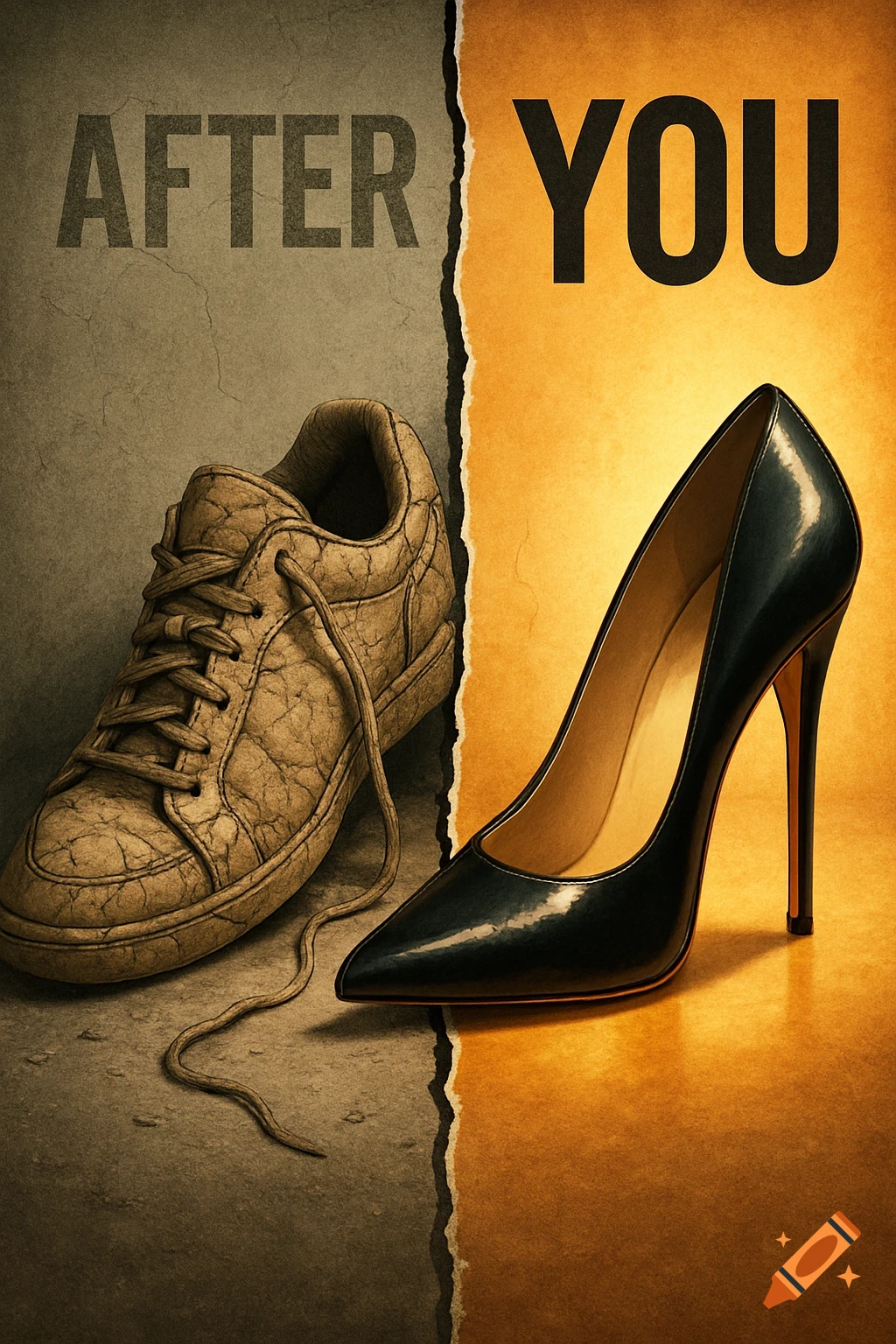 A worn, cracked beige sneaker and a shiny black high heel separated by a torn paper effect, with 'AFTER' on the left and 'YOU' on the right.