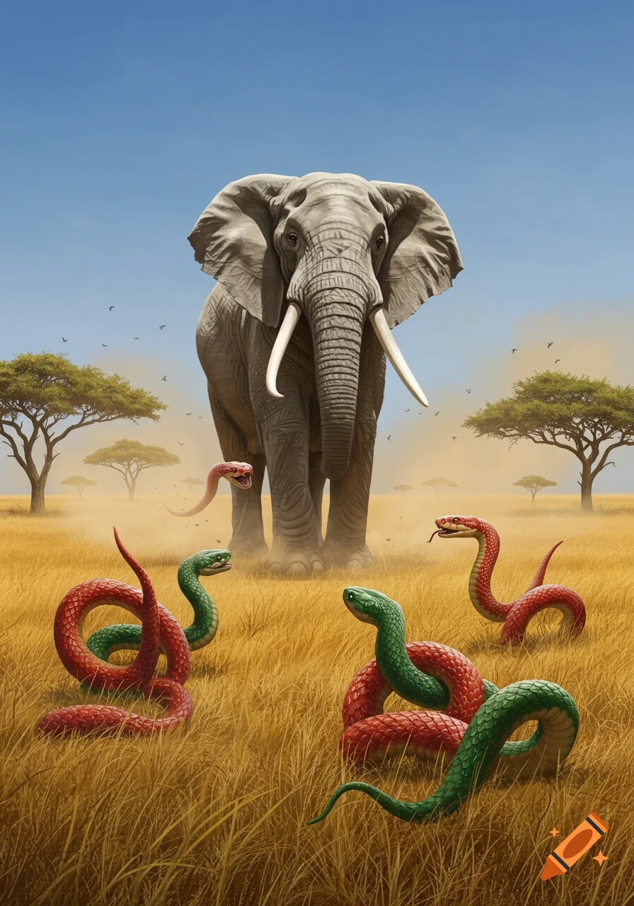 A large elephant stands in a golden savanna, surrounded by several red and green snakes, under a clear blue sky.