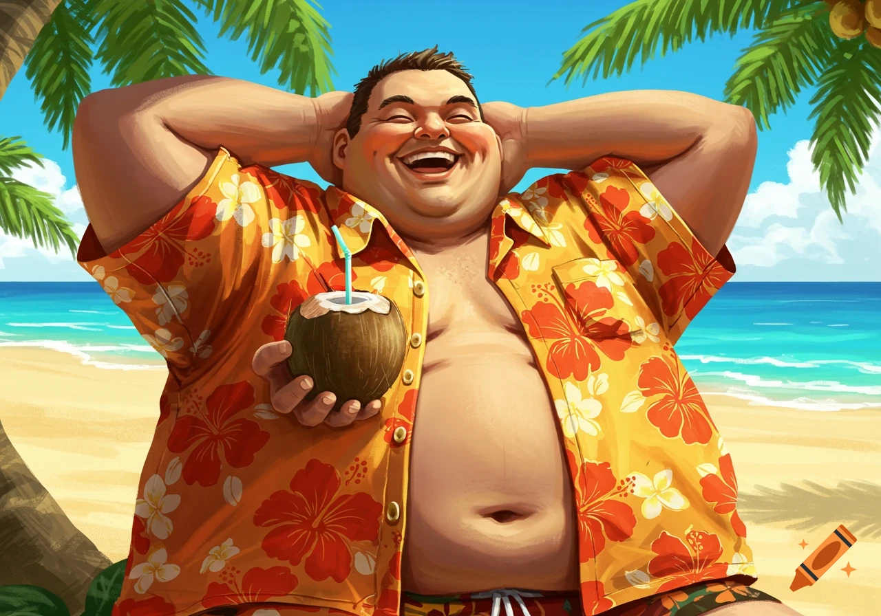 A smiling, overweight man in an open Hawaiian shirt relaxes on a tropical beach with a coconut drink in a cartoon style.