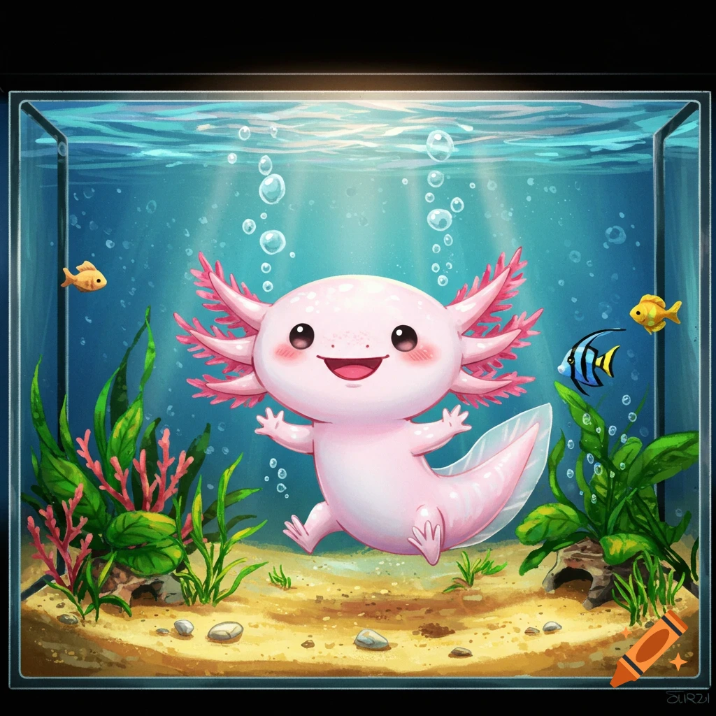 A cute, happy, cartoon axolotl smiles while floating in a fish tank with aquatic plants, bubbles, and two small fish.