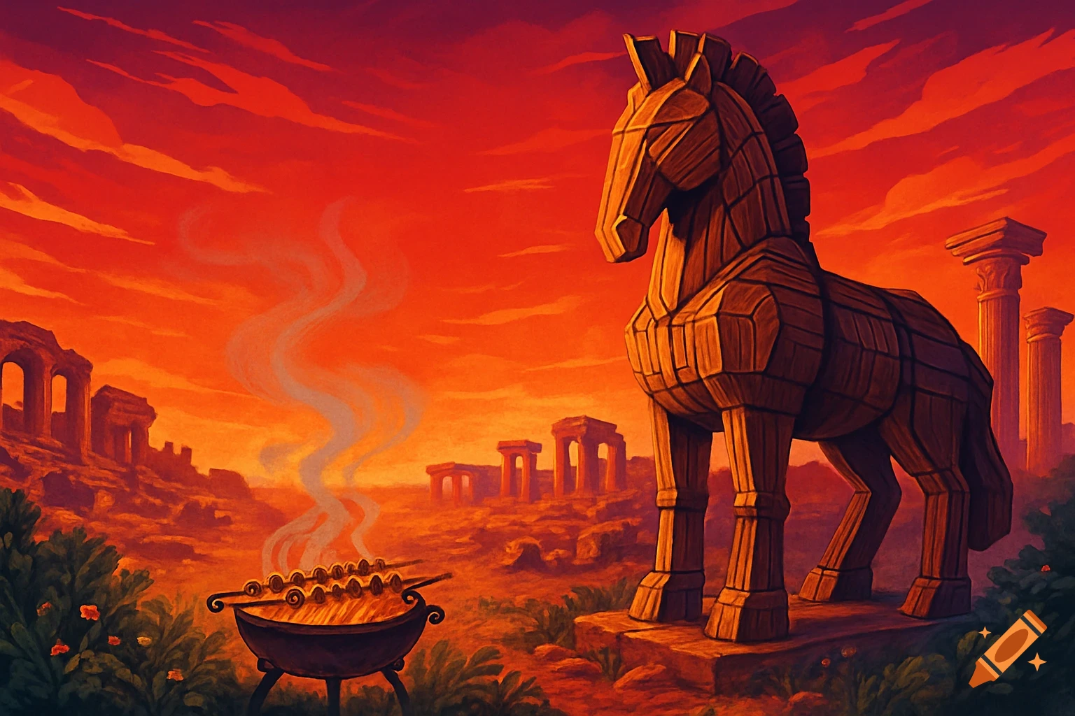 A painterly scene of a large wooden Trojan horse and ancient ruins under a red sky, with kebabs cooking on a grill.