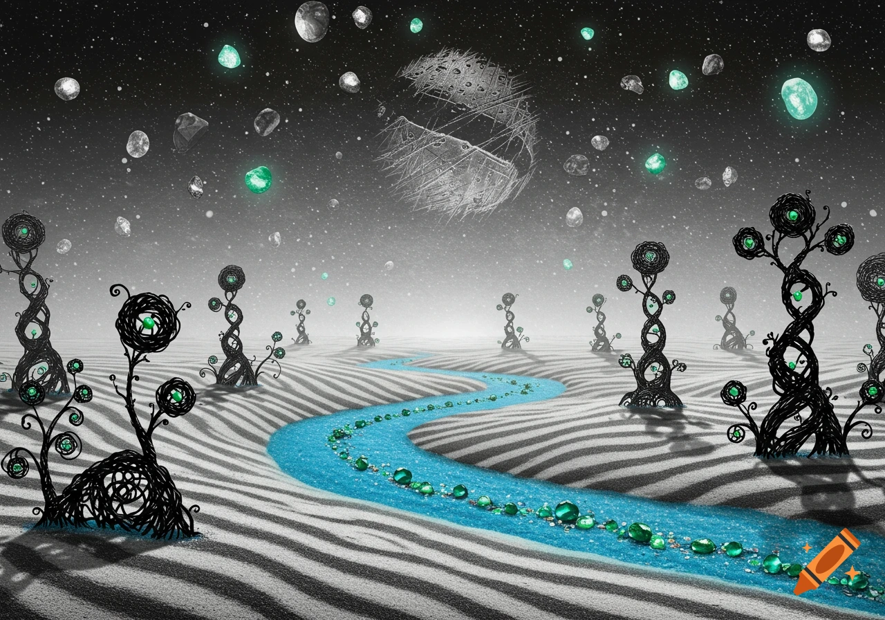 A surreal alien landscape with striped hills, a blue gem-filled river, twisted black trees, and a dark sky with a scratched moon.