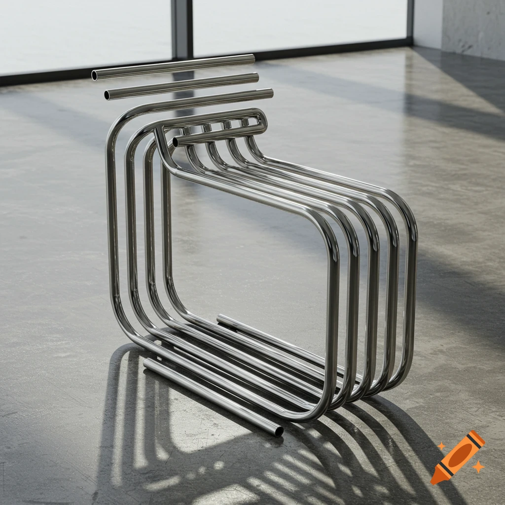 A contemporary bench made of sleek, bent chrome tubes sits on a polished concrete floor in a modern room.