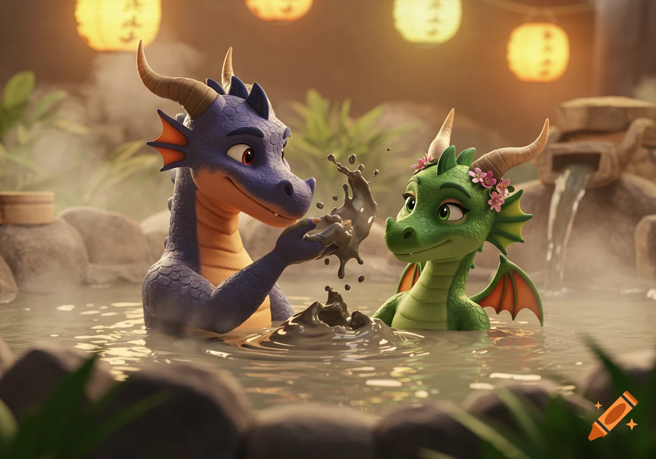 A blue and a green cartoon dragon splash mud happily in a hot tub with glowing lanterns in the background, in 3D animation style.