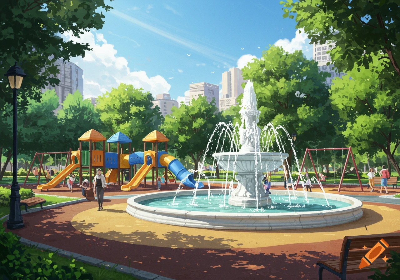 A vibrant illustration of a sunny city park with a large white fountain, a colorful children's playground, lush trees, and distant buildings.