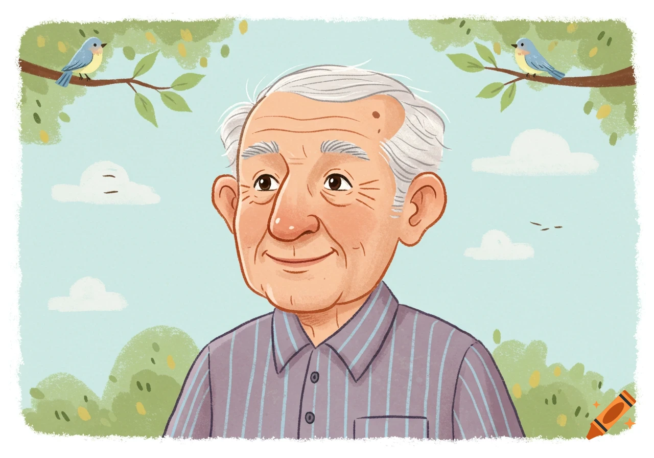 Cartoon portrait of a smiling elderly man with white hair wearing a striped shirt, with blue birds on branches in a light blue sky.