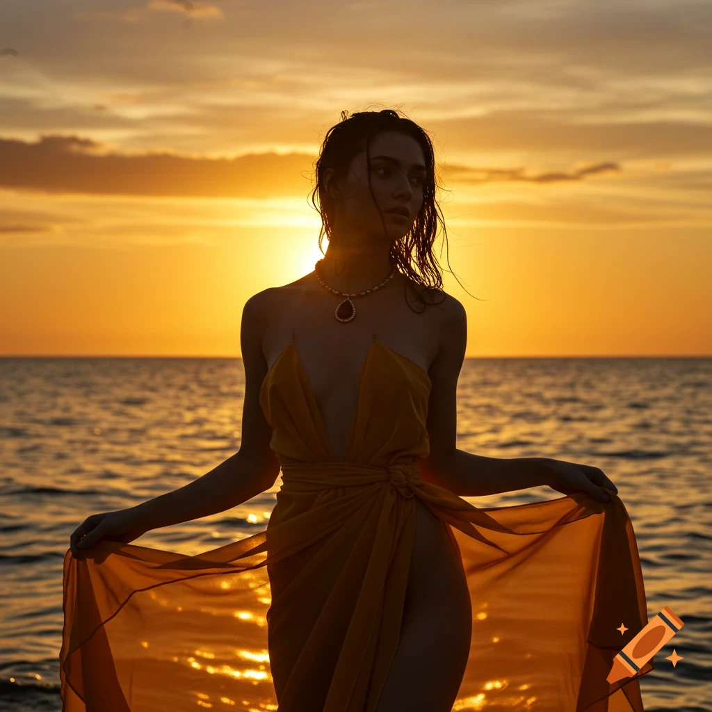 Woman in a flowing yellow dress silhouetted against a vibrant orange sunset over the ocean.