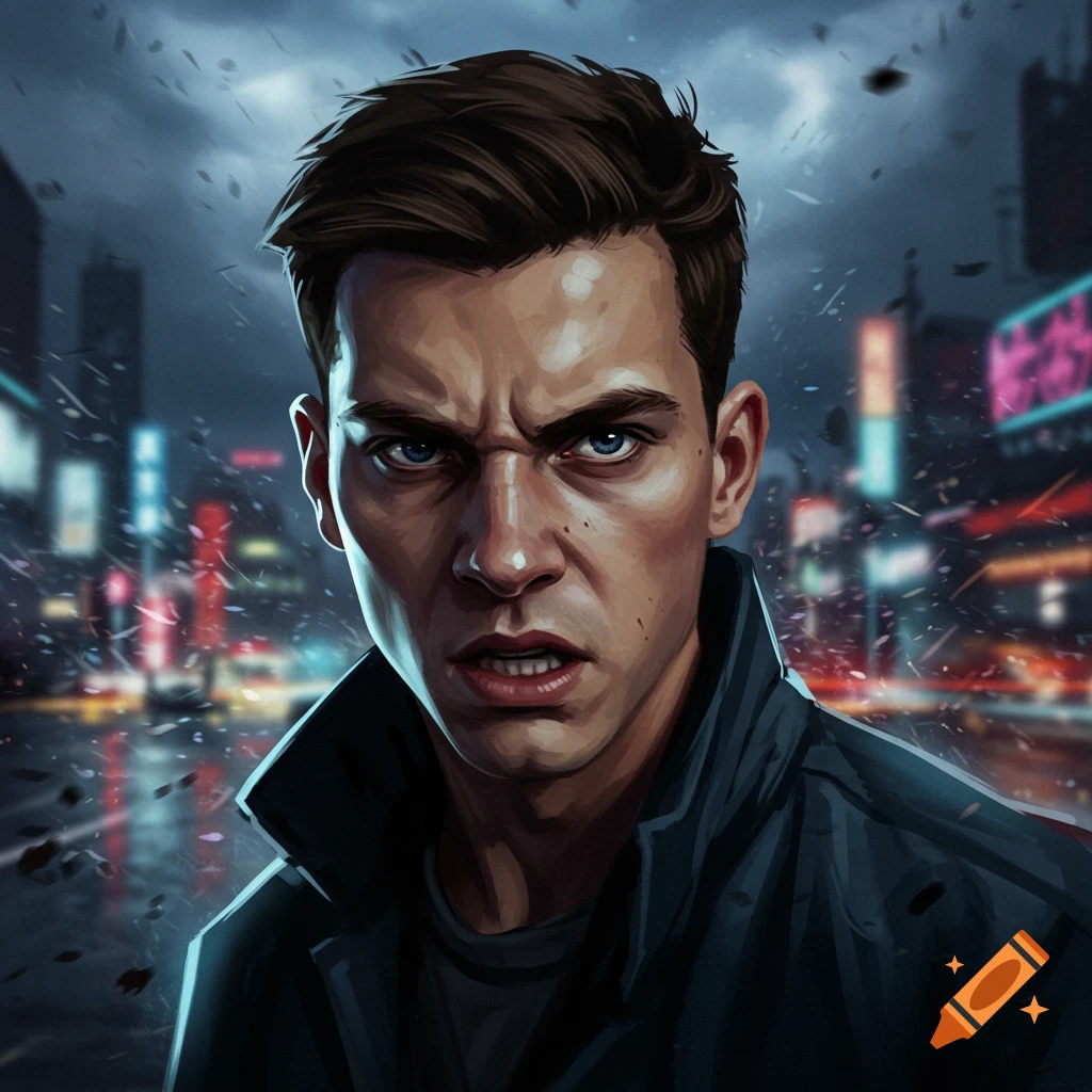 A man with an angry, scowling face and blue eyes, depicted in a comic book style against a blurry neon city at night.