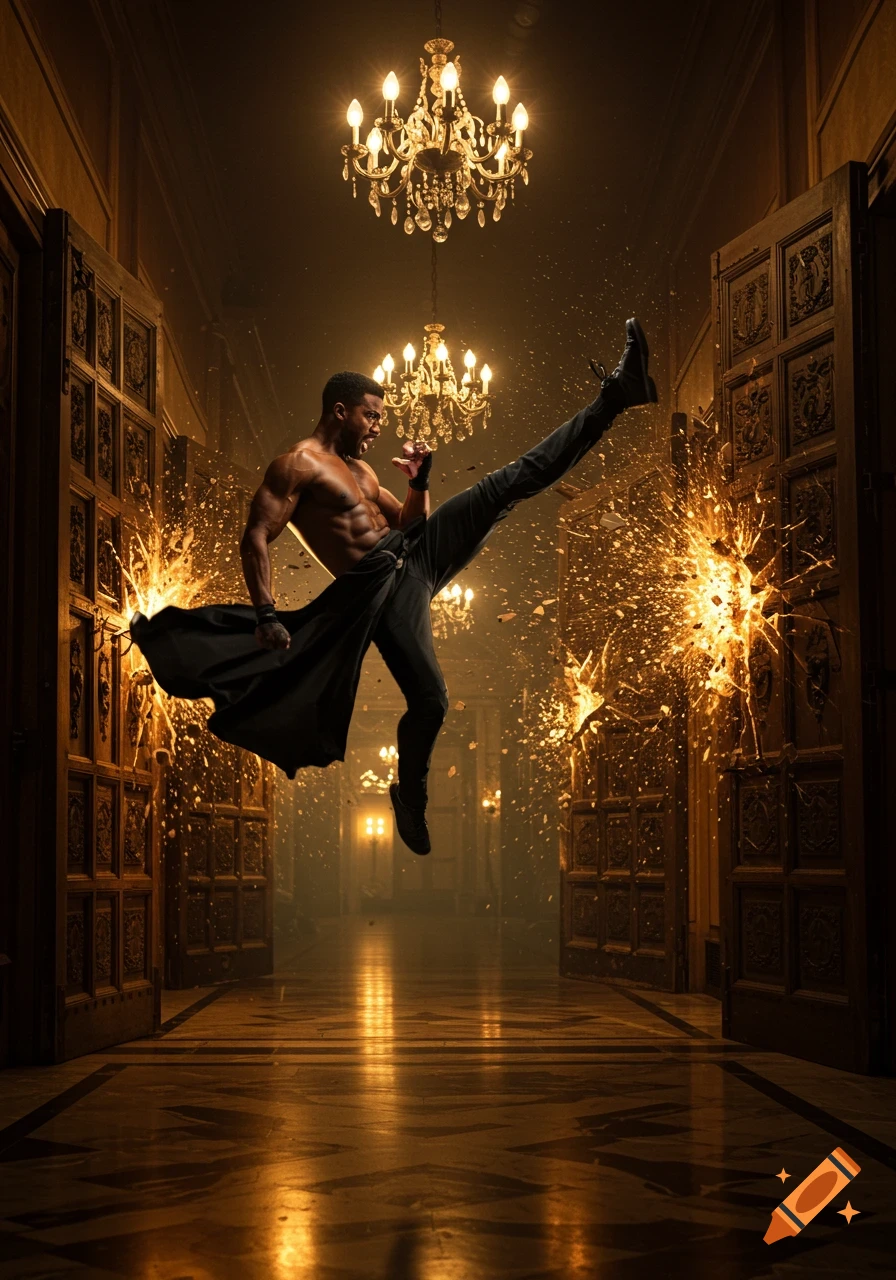A shirtless man in mid-air performs a powerful kick, breaking ornate wooden doors in a lavish hallway with chandeliers. Photorealistic.