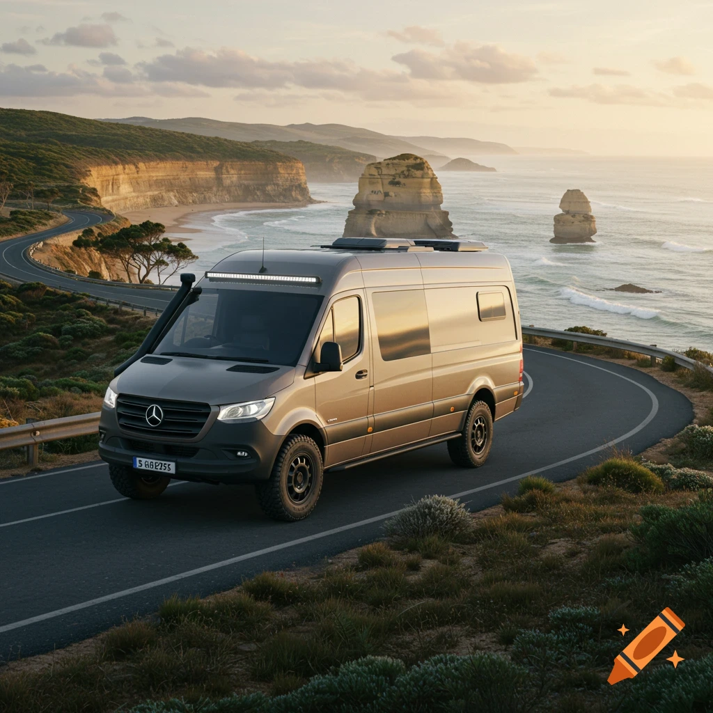 A grey Mercedes-Benz Sprinter camper van drives on a coastal road overlooking dramatic sea stacks and cliffs at sunset, photorealistic.