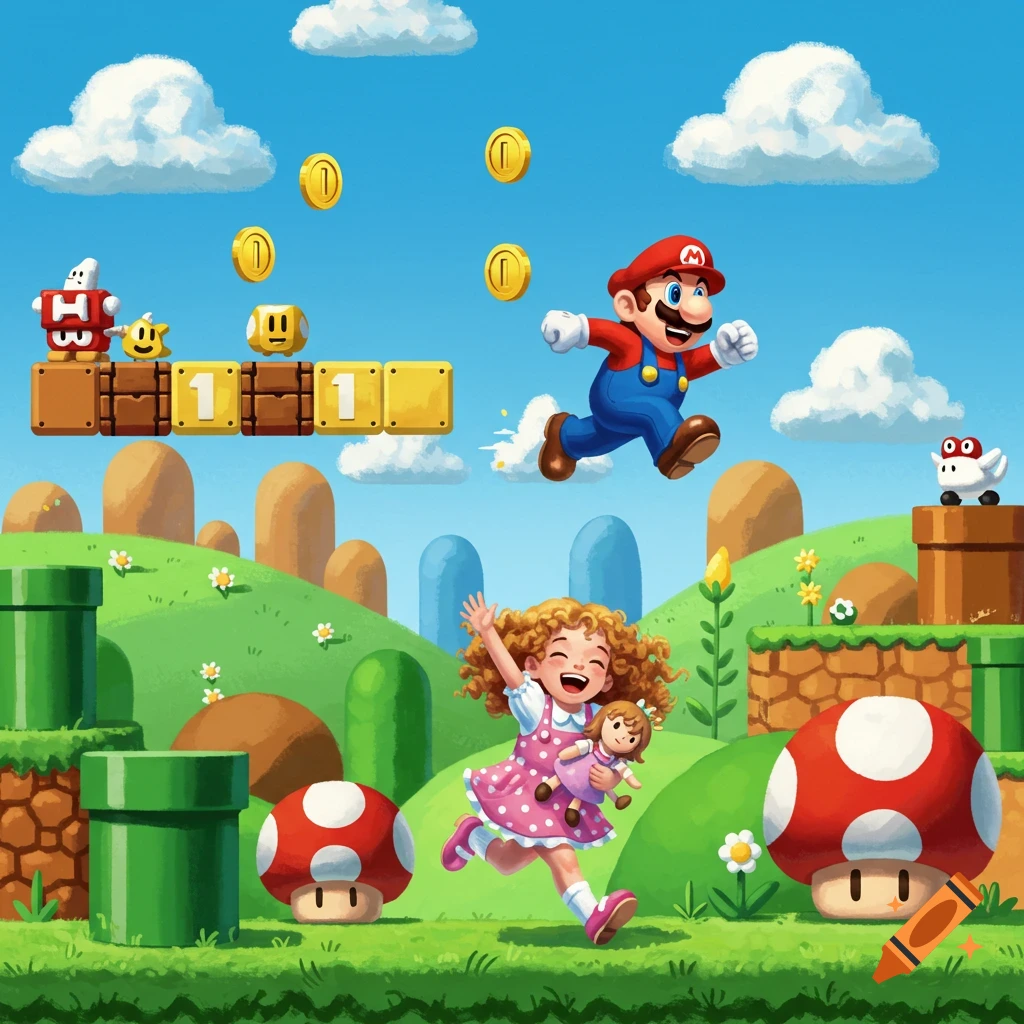 Mario jumps over blocks and coins as a smiling girl with a doll runs through a vibrant, grassy Super Mario landscape.