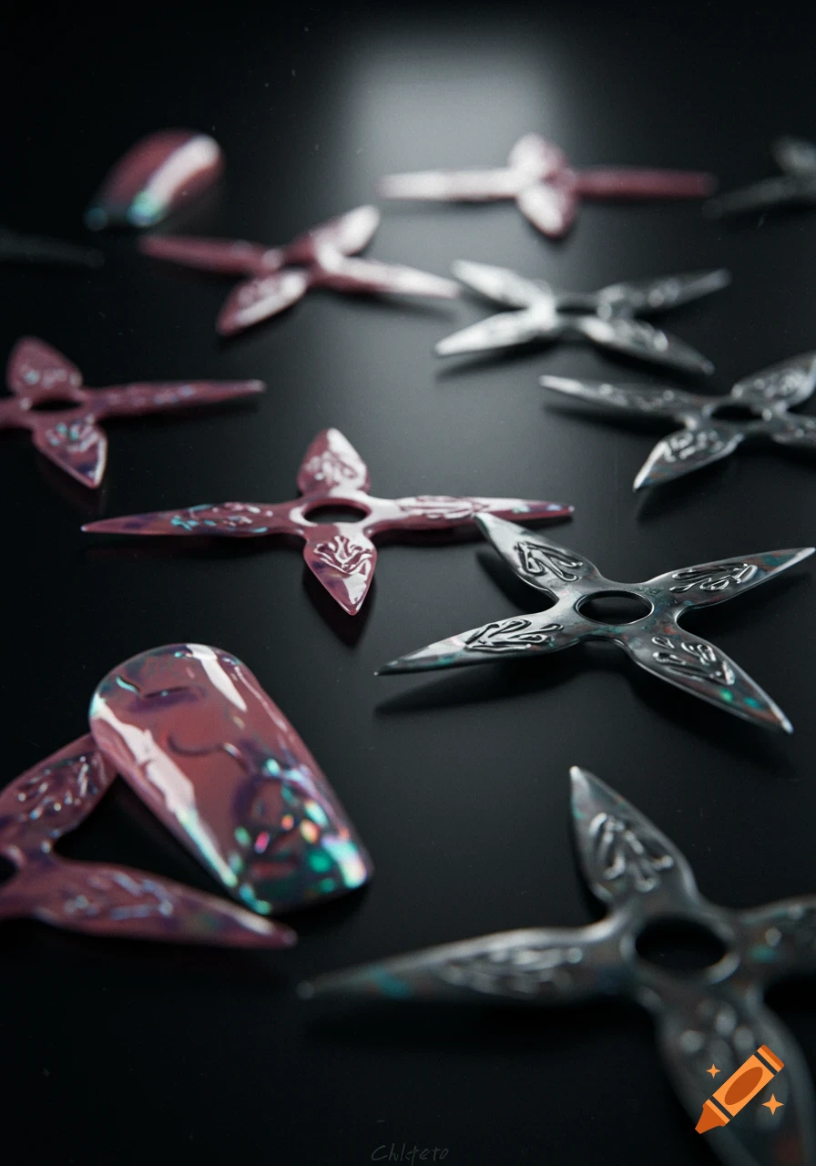Multiple iridescent pink and silver ninja star-shaped false nails scattered on a dark surface, with a shallow depth of field.