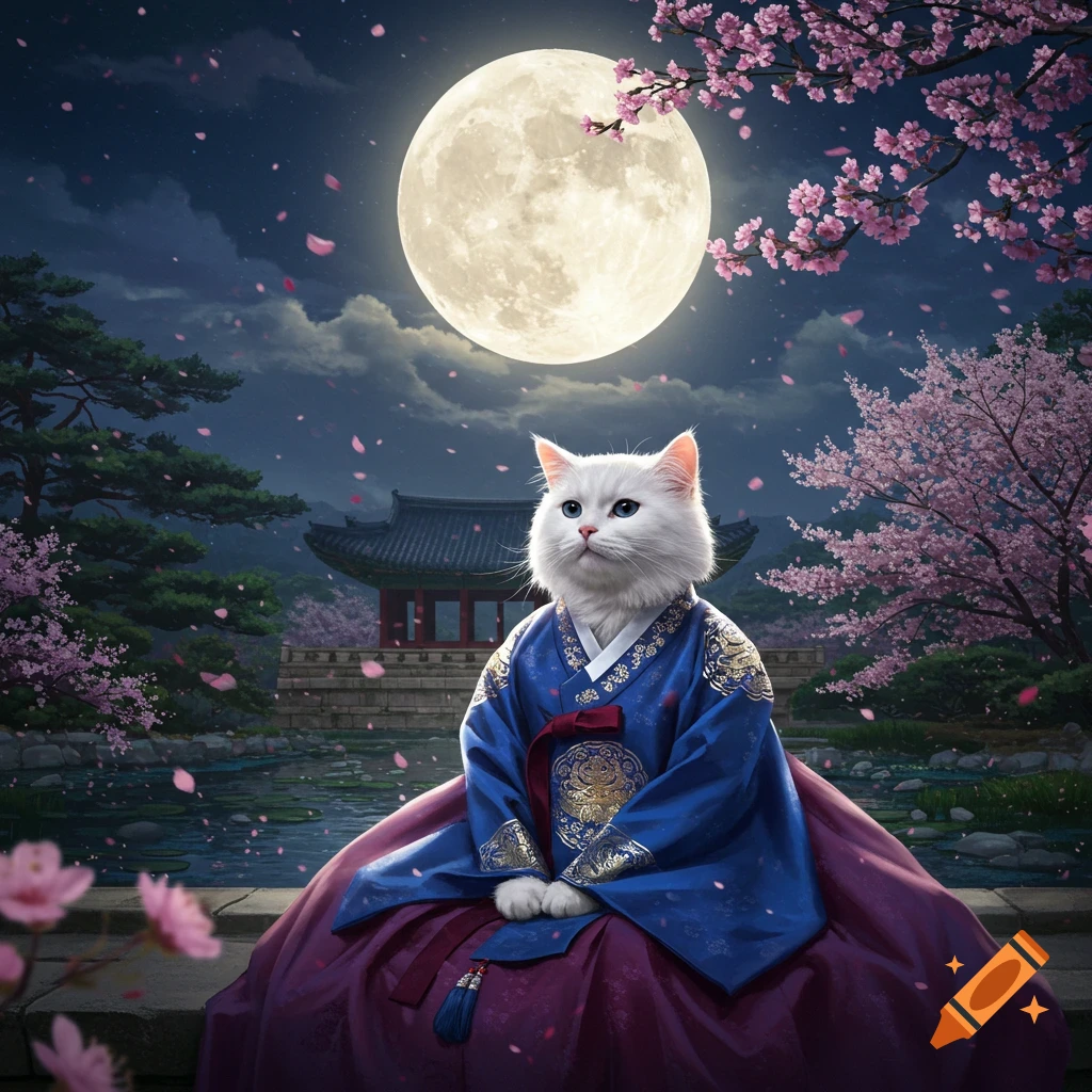 A fluffy white cat wearing a blue hanbok sits under a large full moon amidst falling pink cherry blossoms and traditional Korean architecture at night.