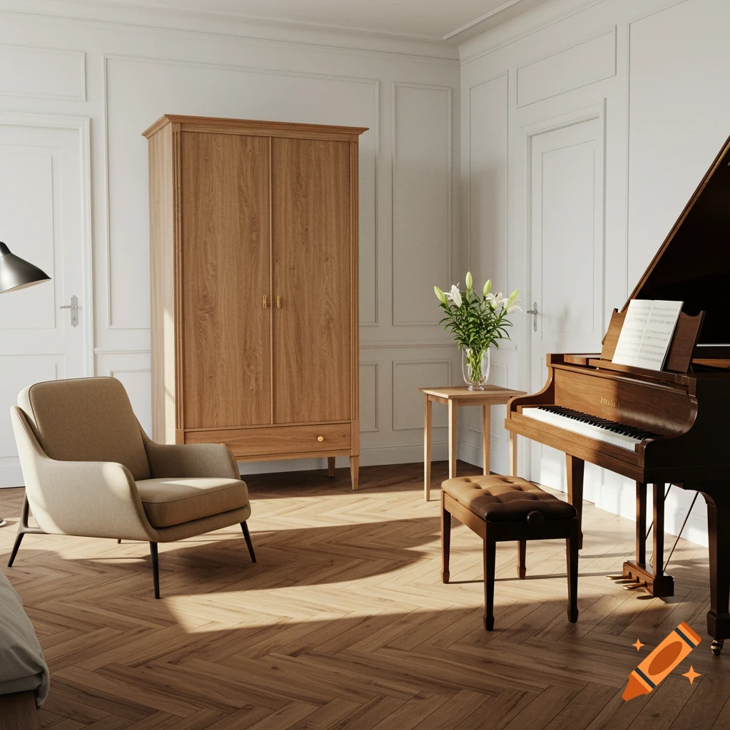 A bright, elegant room with a wooden wardrobe, a beige armchair, a grand piano, and a small table with a vase of lilies.