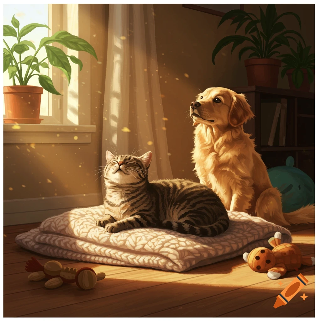 A tabby cat relaxing on a white blanket next to a golden retriever in a sunlit room with potted plants.