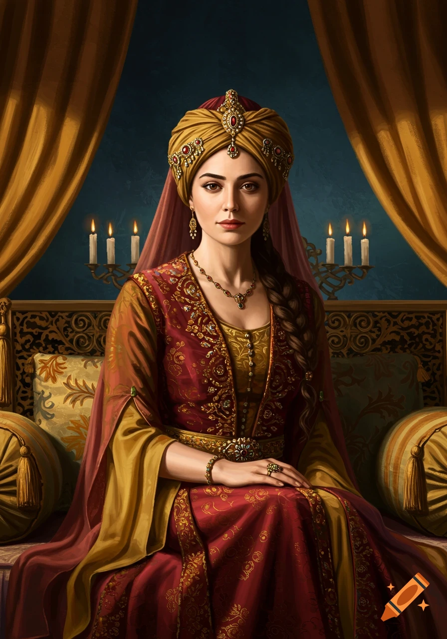 Royal portrait of a Sultana in a luxurious 17th-century setting, wearing an elaborate golden turban and richly embroidered red dress.