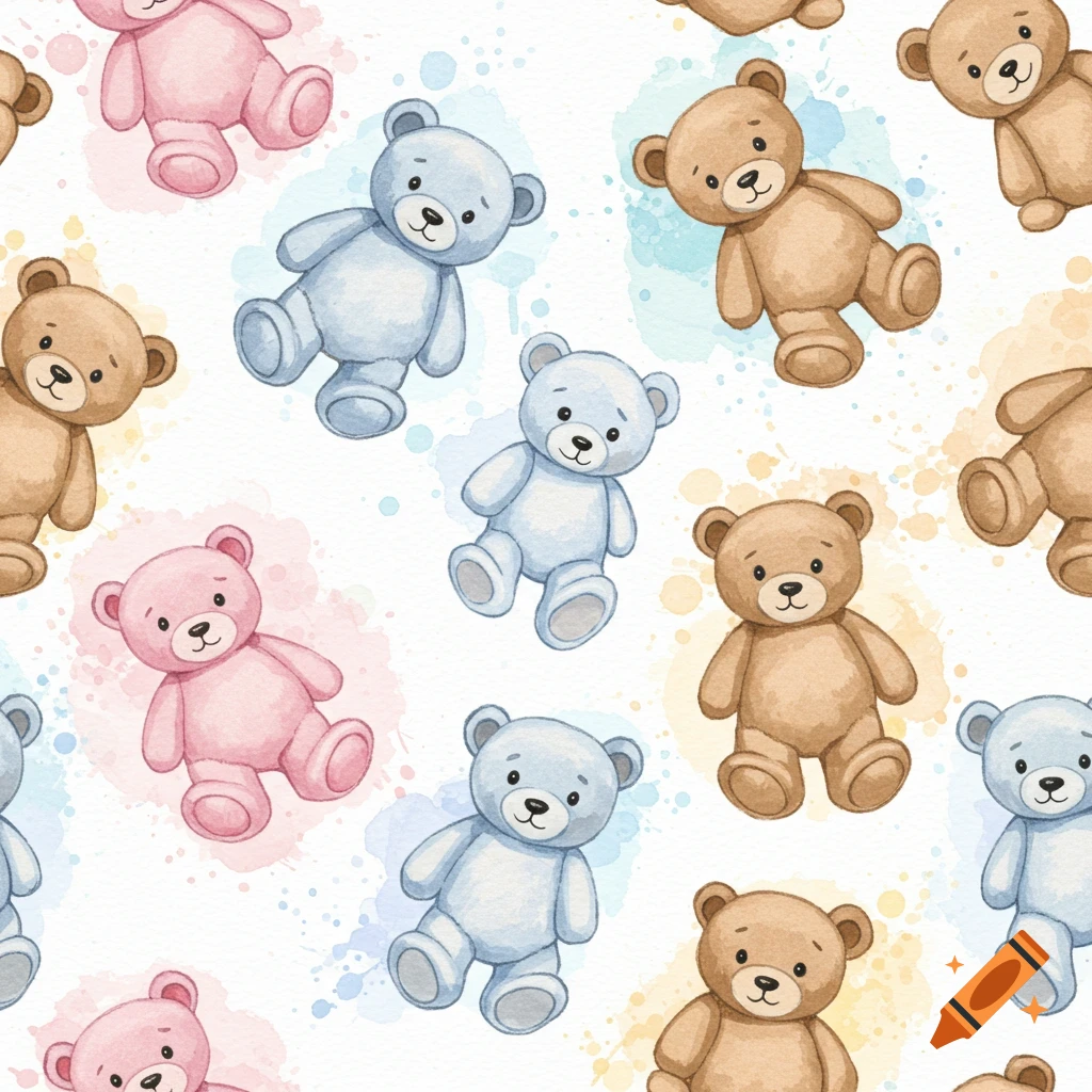 Seamless watercolor pattern featuring brown, pink, and blue teddy bears scattered across a white background with color splashes.