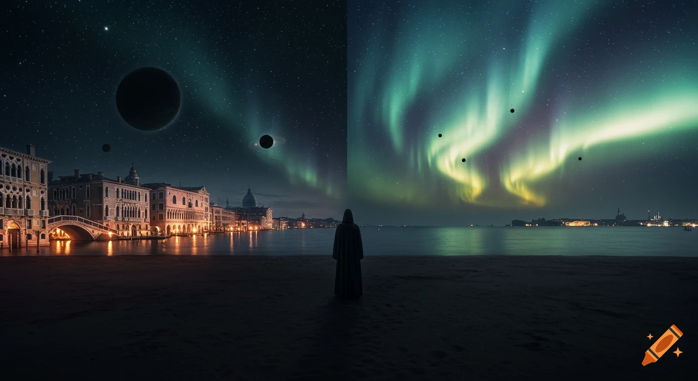 A hooded figure stands on a dark beach, facing a split landscape. Left shows a Venetian-inspired city under a starry sky with planets; right shows a calm sea under a vibrant aurora borealis sky with small black circles.